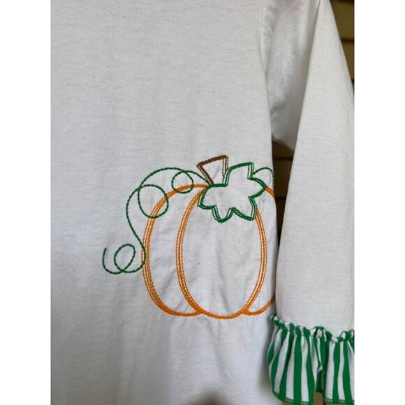Bailey Boys Pumpkin Embroidered Dress With Green Striped Ruffle Trim Size 5 - Picture 2 of 4